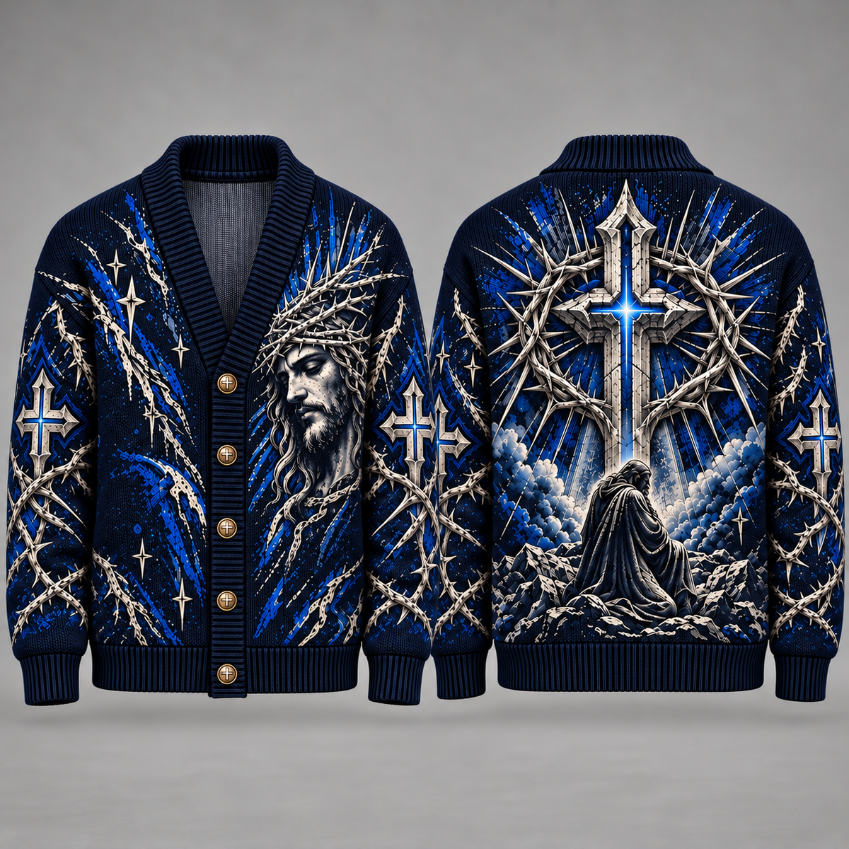 Jesus Crown of Thorns Christian Cardigan, Cross Religious Sweater, Men’s Faith Button Up Knit Cardigan