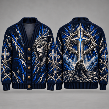 Jesus Crown of Thorns Christian Cardigan, Cross Religious Sweater, Men’s Faith Button Up Knit Cardigan