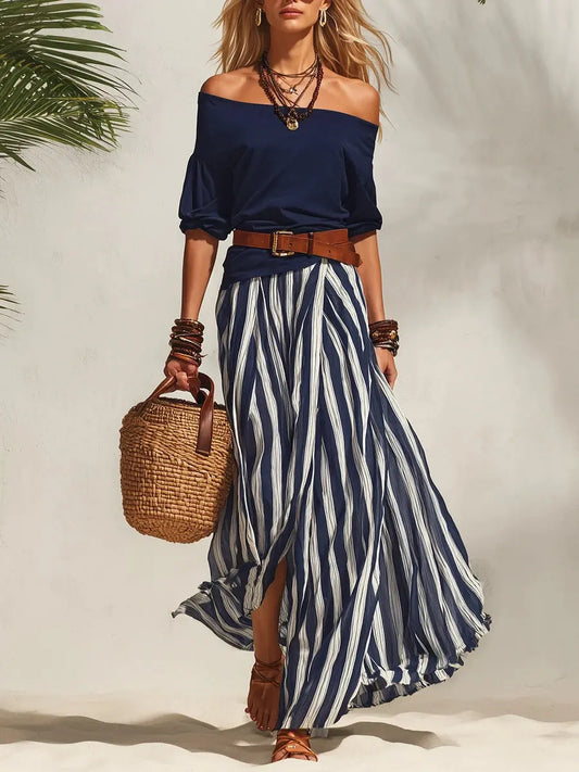 Navy Off-Shoulder Top & Striped Chiffon Slit Skirt Set Carilie