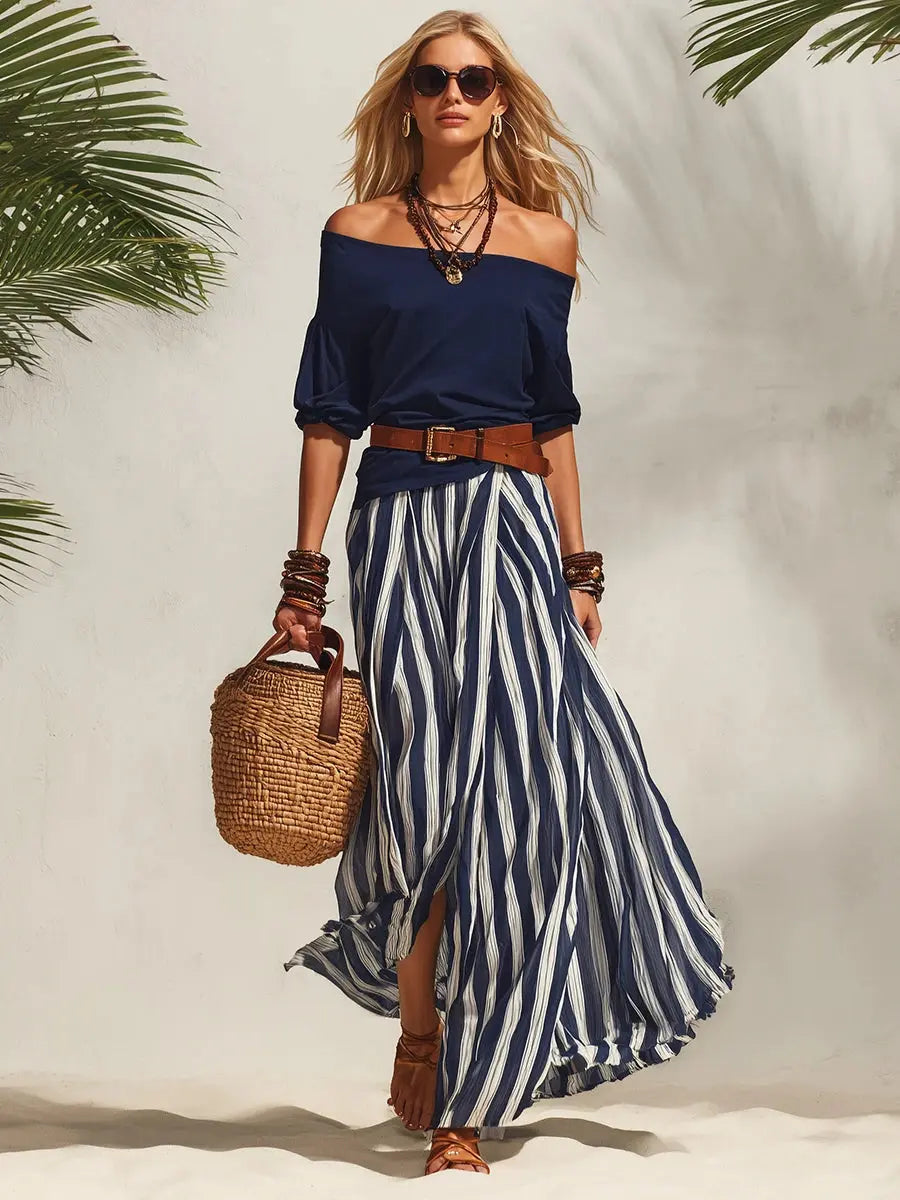 Navy Off-Shoulder Top & Striped Chiffon Slit Skirt Set Carilie
