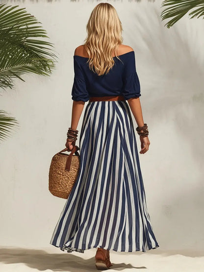 Navy Off-Shoulder Top & Striped Chiffon Slit Skirt Set Carilie