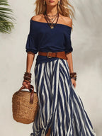 Navy Off-Shoulder Top & Striped Chiffon Slit Skirt Set Carilie