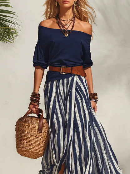 Navy Off-Shoulder Top & Striped Chiffon Slit Skirt Set Carilie