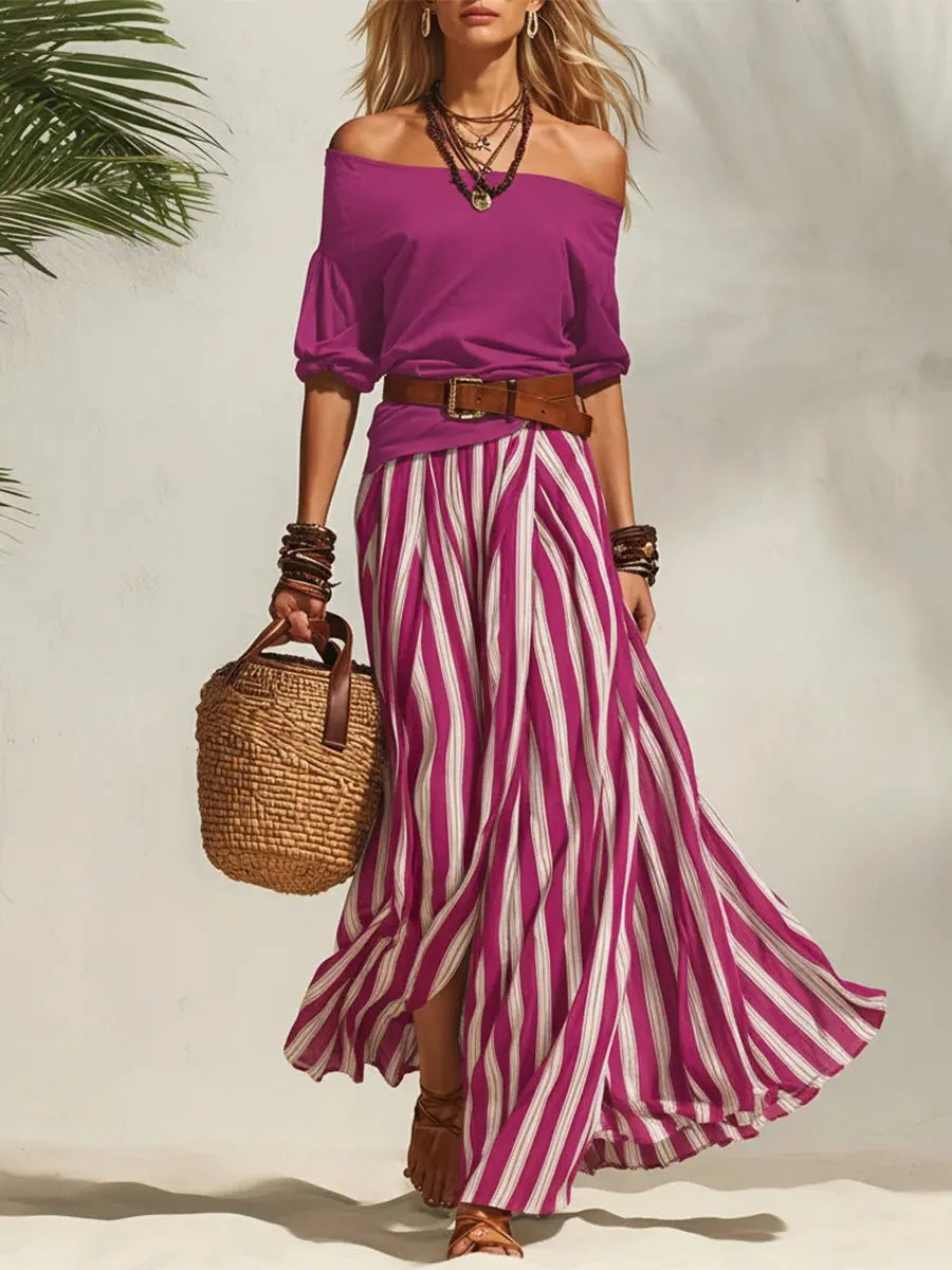 Navy Off-Shoulder Top & Striped Chiffon Slit Skirt Set Carilie