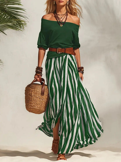 Navy Off-Shoulder Top & Striped Chiffon Slit Skirt Set Carilie