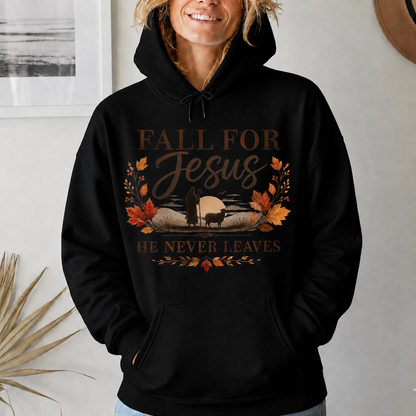 Fall For Jesus He Never Leaves Christian Autumn Faith Unisex Tshirt / Hoodie / Sweatshirt