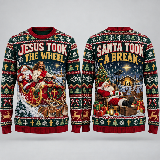 Jesus Took The Wheel Christian Christmas Sweater, Funny Ugly Christmas Sweater, Men’s Faith Holiday Knit Pullover