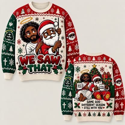 Ugly Christian Christmas Sweater, Jesus Santa We Saw That, Funny Religious Holiday Crewneck, Christian Xmas Gift for Men