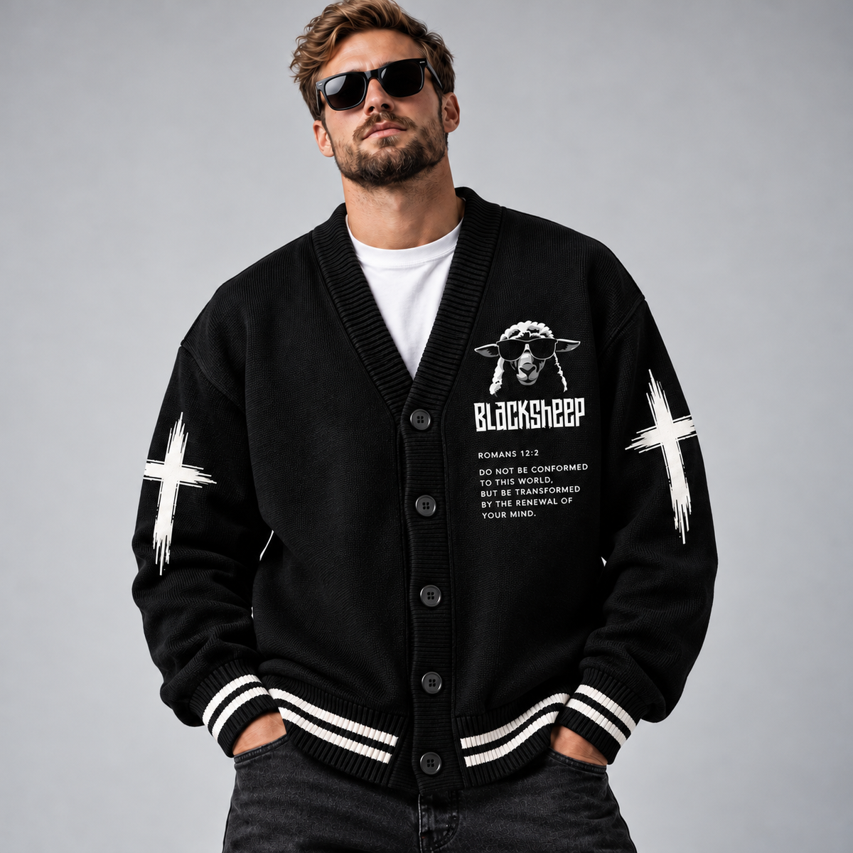 Black Sheep Christian Cardigan, Romans 12:2 Bible Verse Sweater, Different on Purpose Button Up Cardigan, Faith Gift for Men