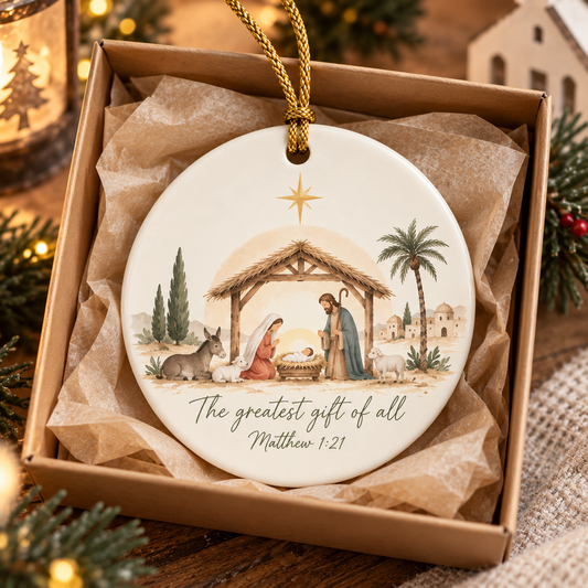 Nativity Christian Christmas Ornament, Matthew 1:21 Ornament, Jesus Manger Keepsake, Religious Ceramic Christmas Gift for Family