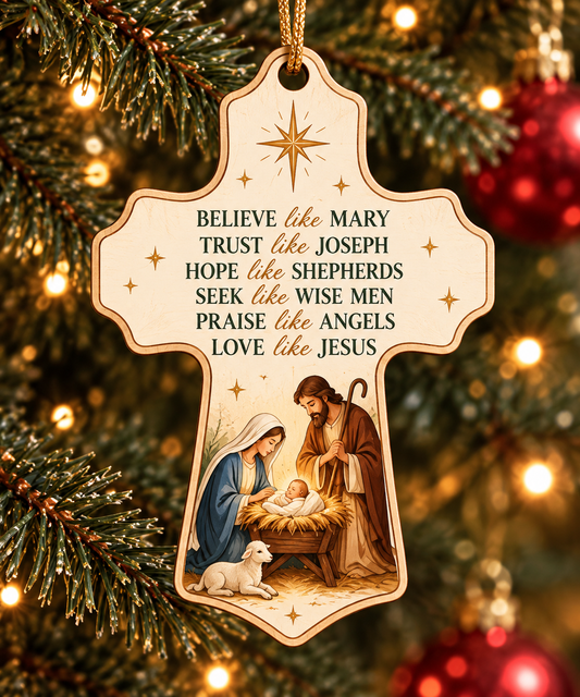 Nativity Cross Wood Christmas Ornament, Christian Jesus Ornament, Holy Family Religious Gift, Faith Christmas Tree Decor