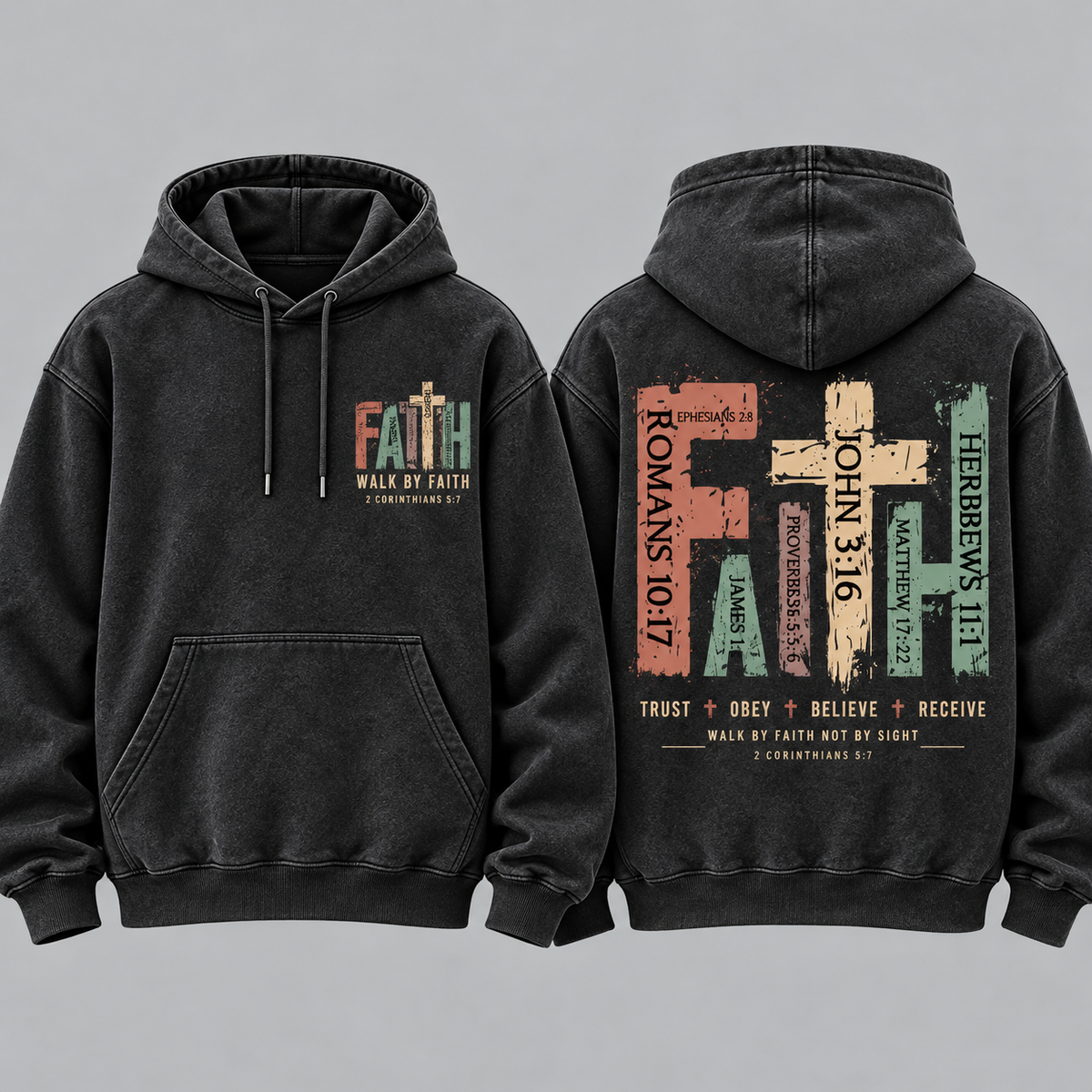 Christian Faith Hoodie for Men, Walk By Faith Bible Verse Sweatshirt, Vintage Cross Graphic Pullover, Religious Gift for Him