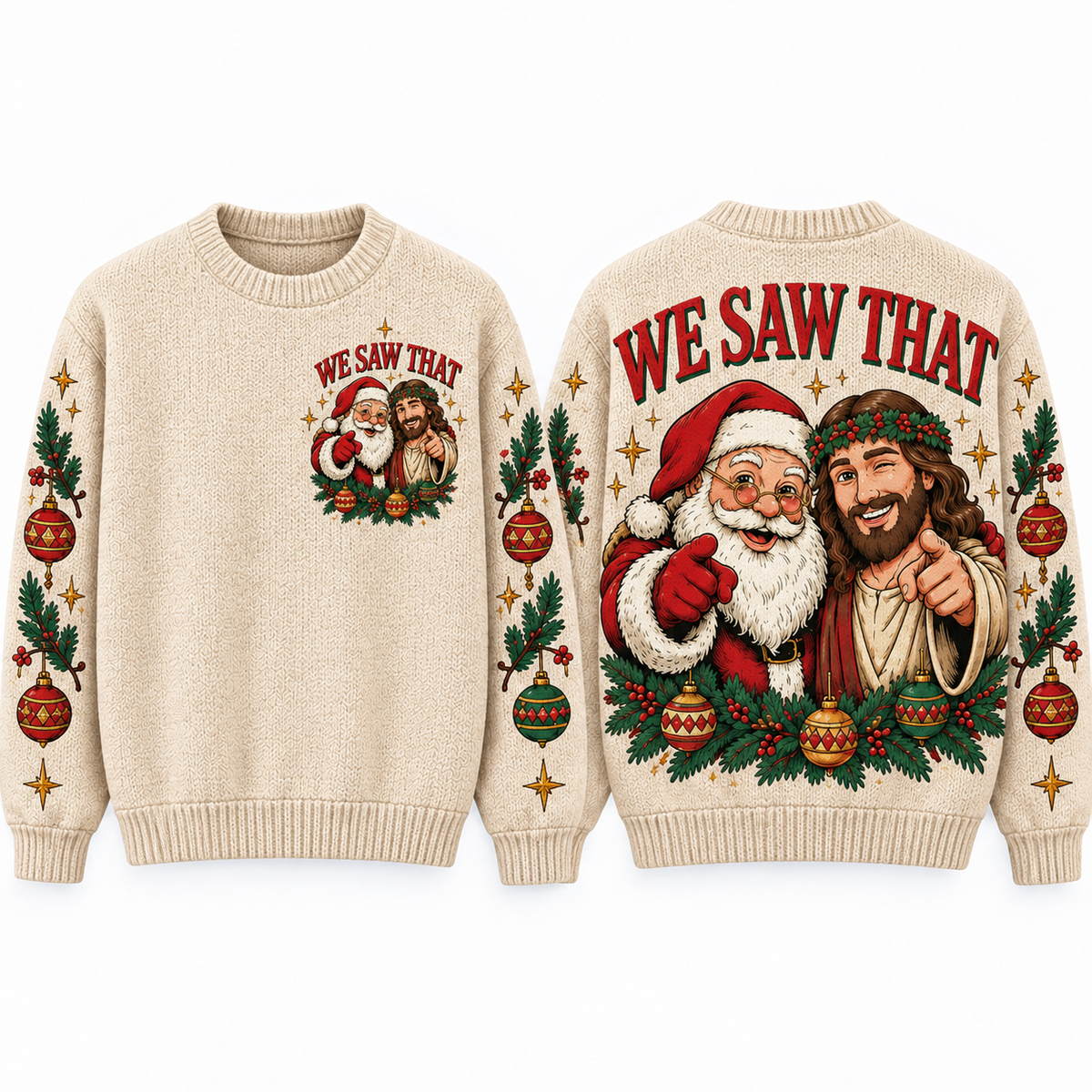 Christian Ugly Christmas Sweater, Jesus Santa We Saw That, Funny Religious Holiday Crewneck, Men's Christian Christmas Gift