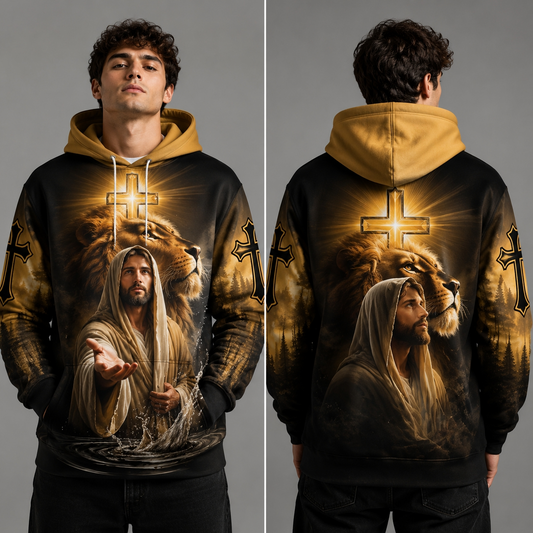Jesus Lion of Judah Hoodie - Christian Faith Cross Graphic Pullover