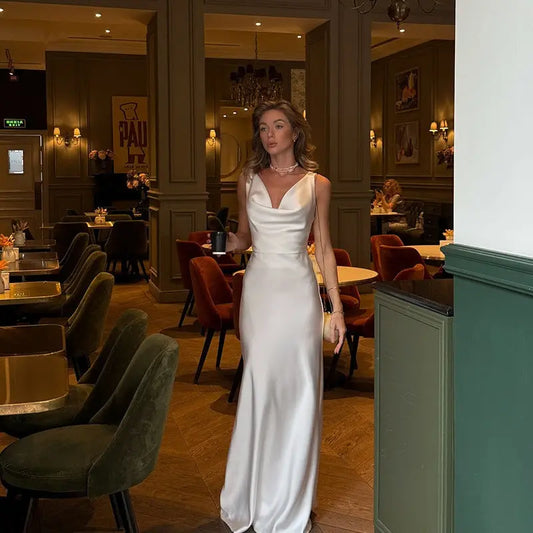 Elegant Satin V Neck Maxi Dress Carilie