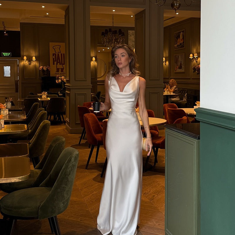 Elegant Satin V Neck Maxi Dress