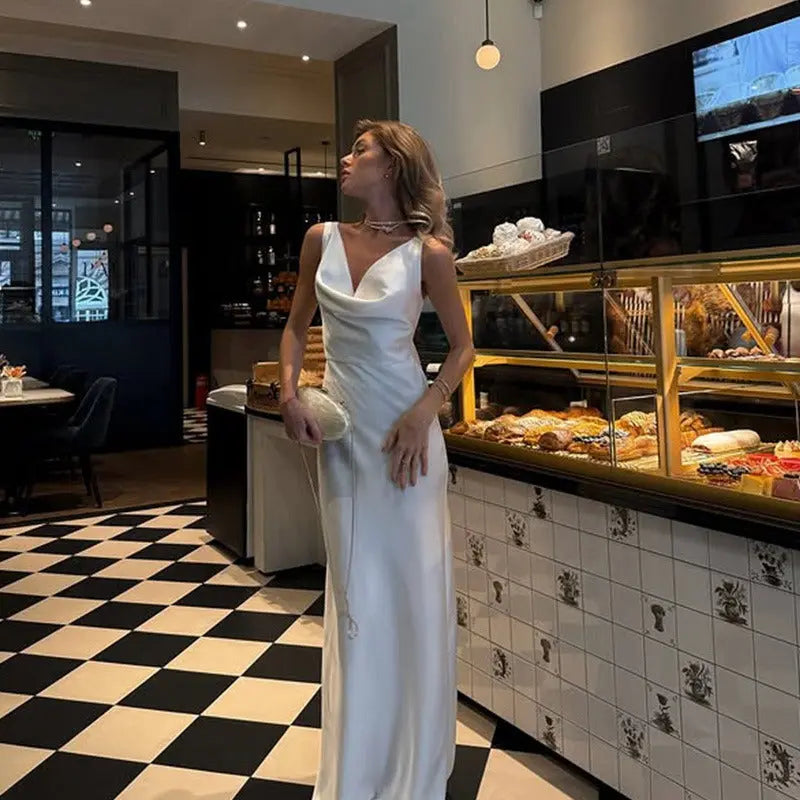 Elegant Satin V Neck Maxi Dress Carilie