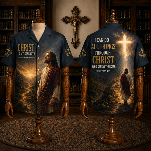 Men’s Christian Hawaiian Shirt – Christ Is My Strength, Philippians 4:13, Jesus Short Sleeve Button-Up
