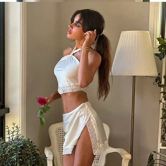 Lace Trim Halter Top and Mini Skirt Set Carilie