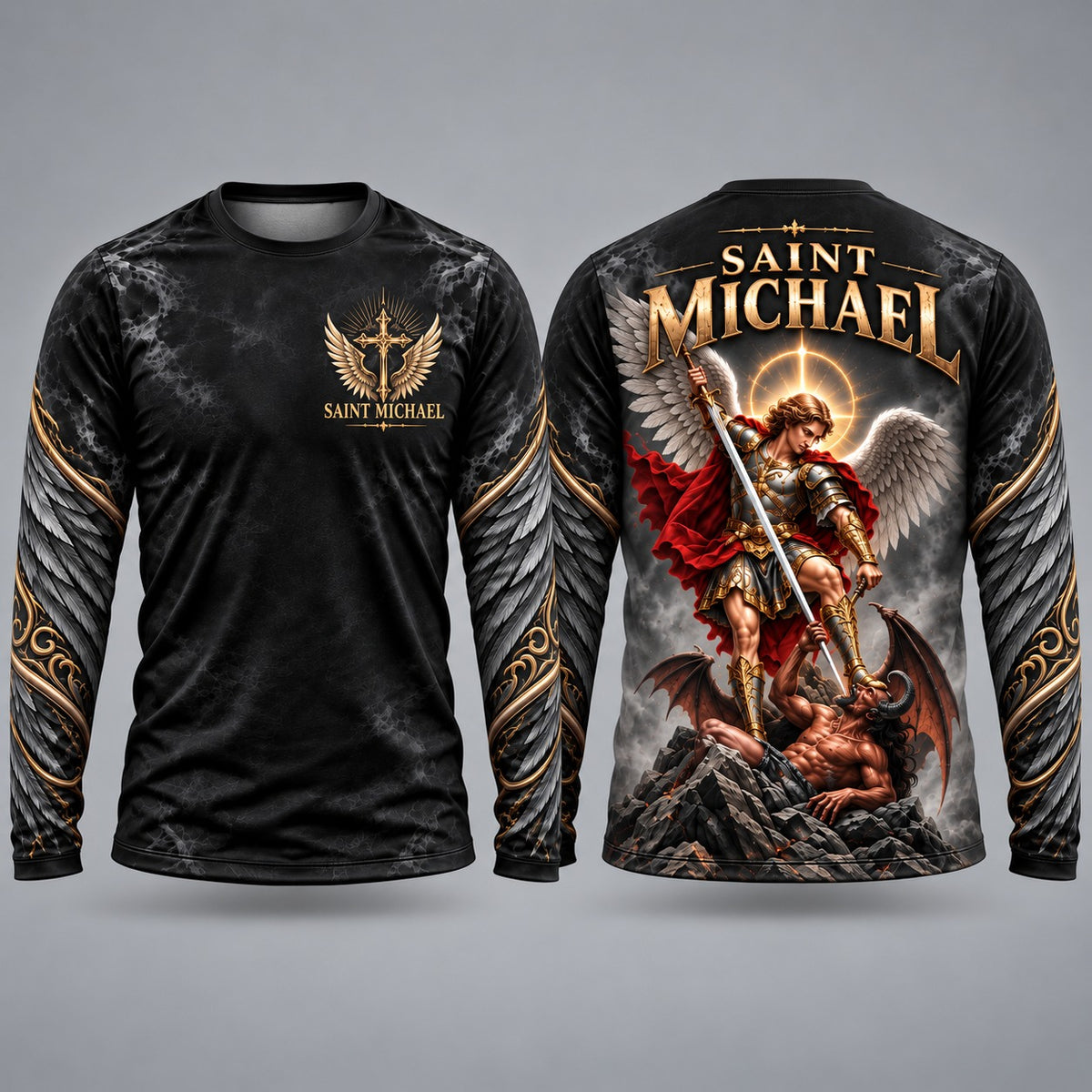 Saint Michael 3D Long Sleeve Shirt – Catholic Christian Archangel Warrior All-Over Print Men’s Tee