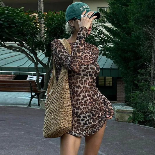 Leopard Sheer Mesh Long Sleeve Mini Dress Carilie
