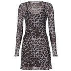Leopard Sheer Mesh Long Sleeve Mini Dress Carilie