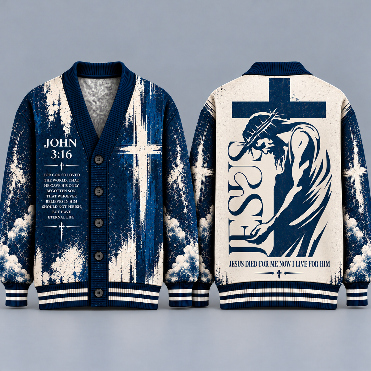 Jesus Christian Cardigan, John 3:16 Bible Verse Sweater, Navy Blue Cross Button Up Cardigan, Religious Faith Gift for Men