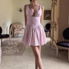 Pink Polka Dot Deep V Mini Dress Carilie