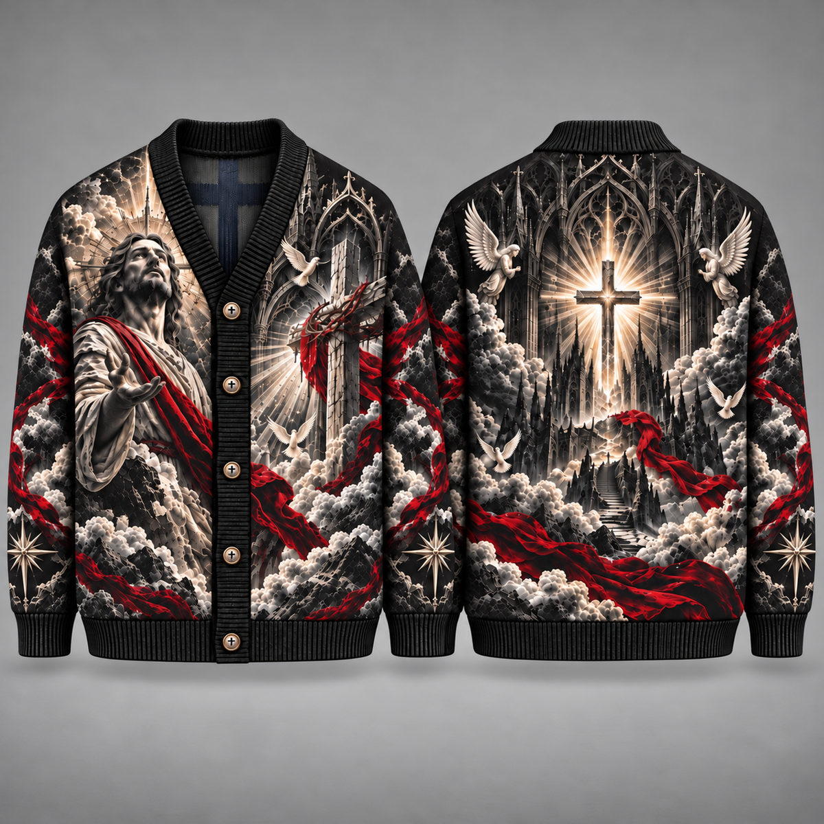 Jesus Christian Cardigan, Gothic Cross Religious Sweater, Men’s Faith Button Up Knit Cardigan, Church Inspired Christian Gift