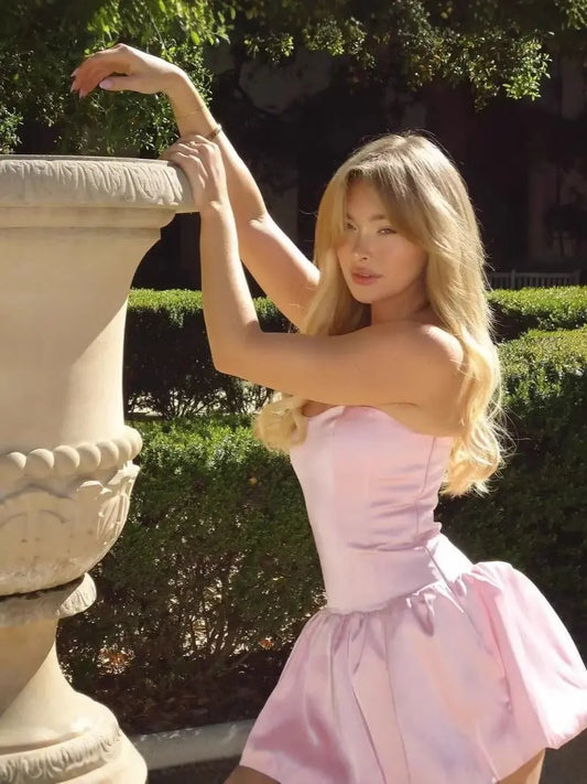 Pink Satin A Line Mini Dress Carilie