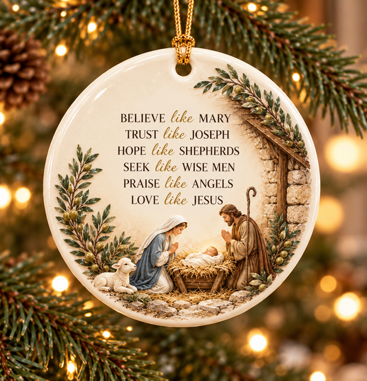 Nativity Christian Christmas Ornament, Jesus Manger Ornament, Holy Family Faith Keepsake, Religious Ceramic Christmas Gift