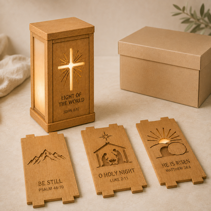 Light of the World Interchangeable Scripture Lantern – Wooden Christian Lamp with Seasonal Panels