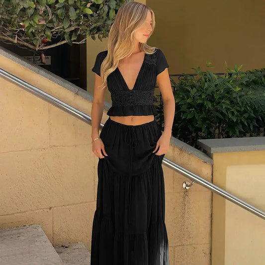 Lumière Olive Lace Crop Top and Maxi Skirt Set Carilie