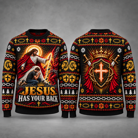 Jesus Has Your Back Christian Sweater, Religious Ugly Christmas Sweater, Faith Armor of God Men’s Christmas Sweatshirt
