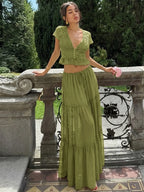 Lumière Olive Lace Crop Top and Maxi Skirt Set Carilie