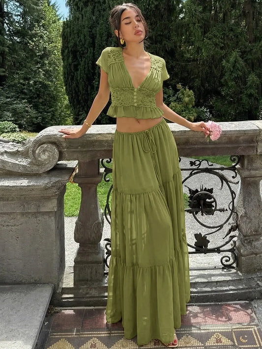 Lumière Olive Lace Crop Top and Maxi Skirt Set Carilie