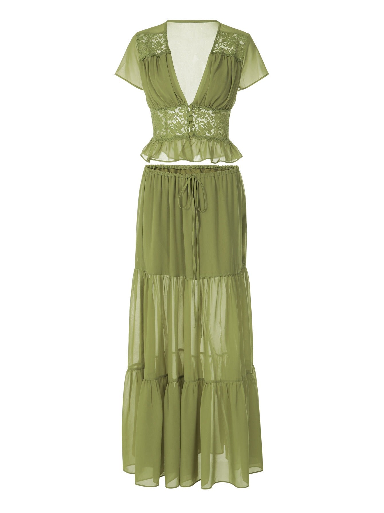 Lumière Olive Lace Crop Top and Maxi Skirt Set