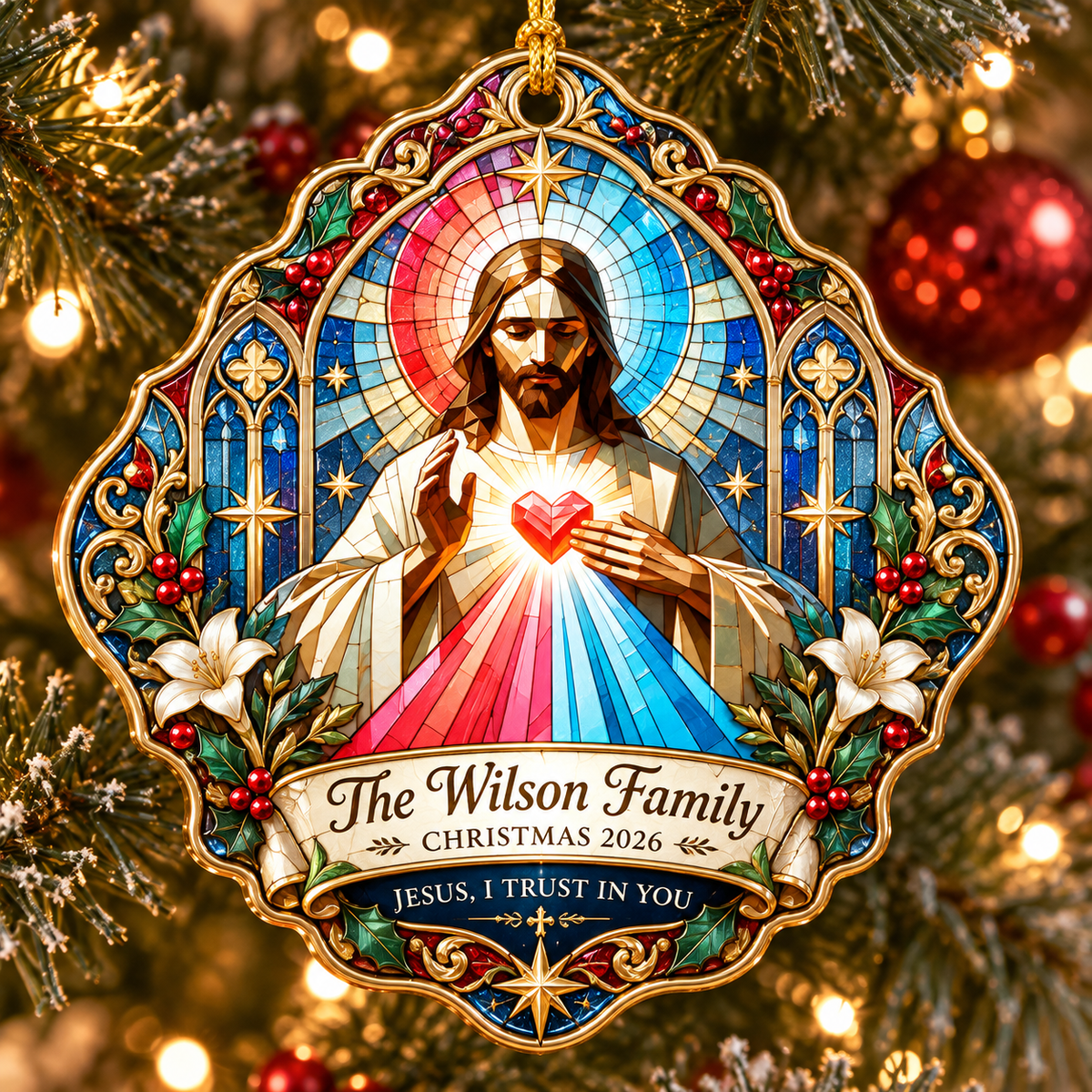 Personalized Jesus Acrylic Ornament, Custom Family Name Divine Mercy Christian Keepsake, Religious Christmas Gift