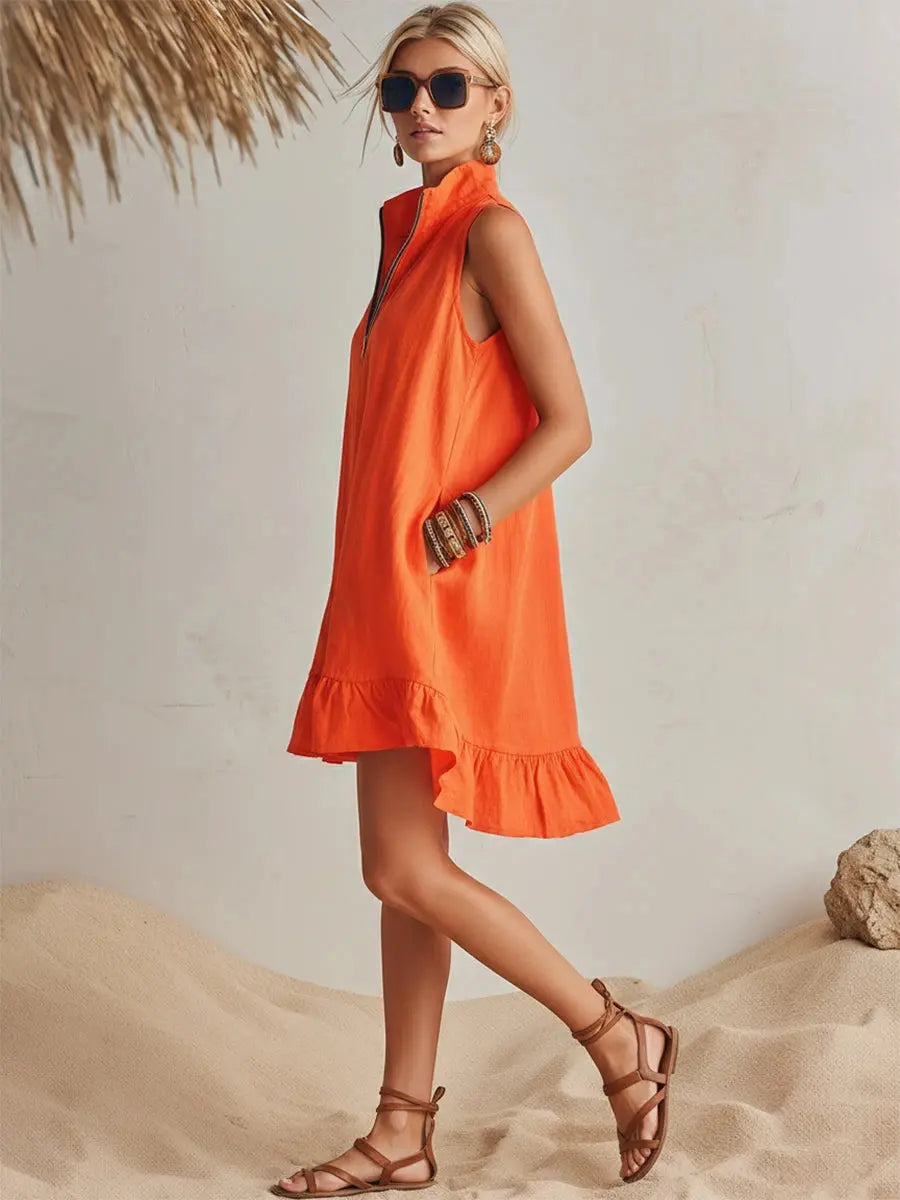 Orange Cotton Linen Stand Collar Half-Zip Mini Dress Carilie