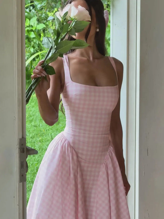 Pink And Yellow Gingham Midi Dress Carilie