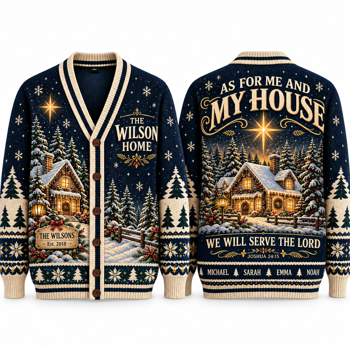 Personalized Christian Christmas Cardigan, Custom Family Name Sweater, Joshua 24:15, As for Me and My House Holiday Gift