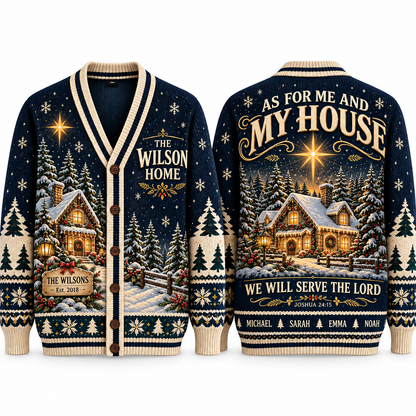 Personalized Christian Christmas Cardigan, Custom Family Name Sweater, Joshua 24:15, As for Me and My House Holiday Gift
