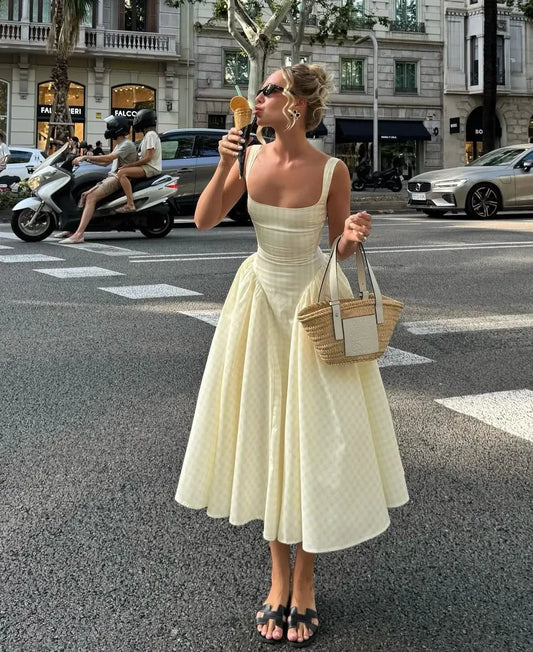 Pink And Yellow Gingham Midi Dress Carilie