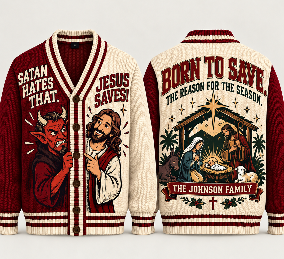 Christian Christmas Cardigan, Jesus Saves Funny Sweater, Satan Hates That, Personalized Family Name, Religious Holiday Gift
