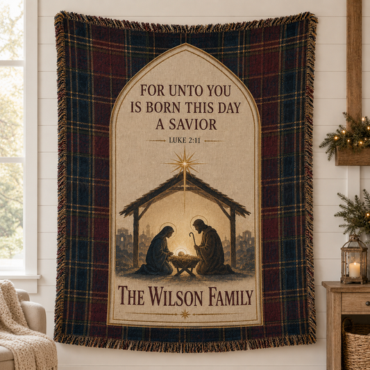 Personalized Nativity Woven Blanket – Luke 2:11 Christian Christmas Family Gift