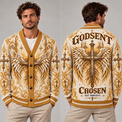 Godsent Chosen Christian Cardigan, Angel Wings Cross Sweater, Men’s Faith Button Up Religious Knit Cardigan