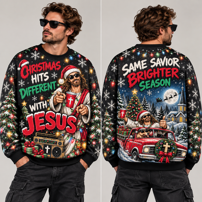 Jesus Ugly Christmas Sweater, Funny Christian Xmas Sweatshirt, Christmas Hits Different Pullover, Religious Holiday Gift