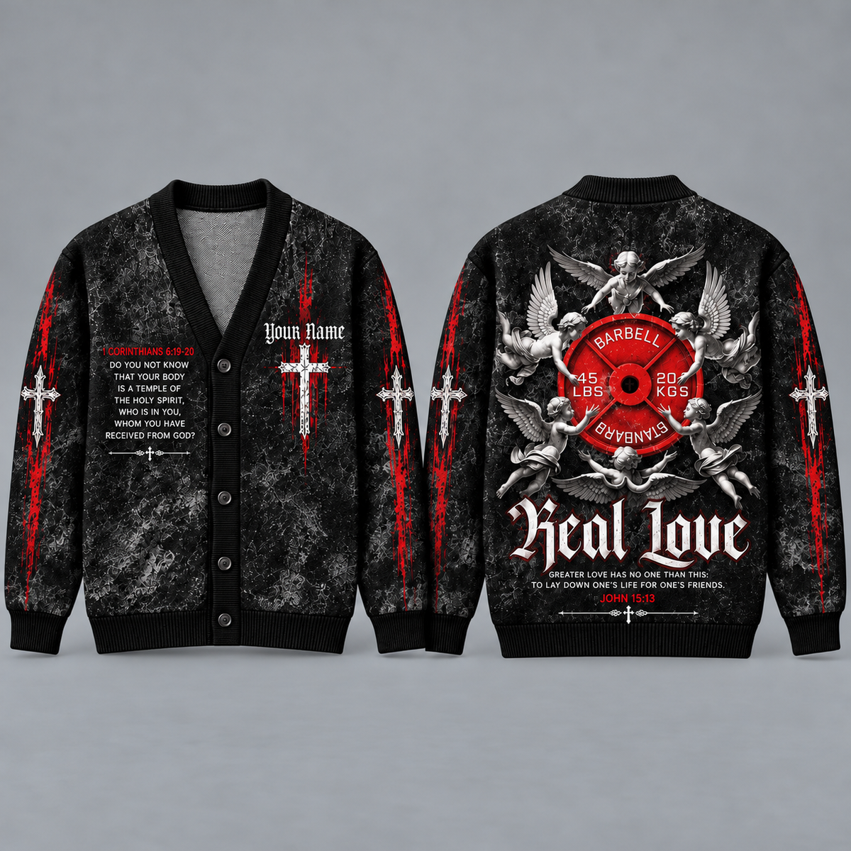 Christian Weightlifting Cardigan, Personalized Gym Sweater, Barbell Angel Religious Button Up Cardigan, Faith Fitness Gift for Men