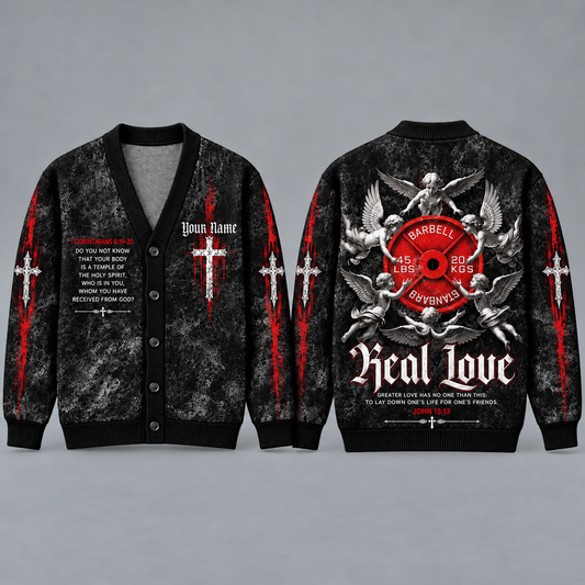 Christian Weightlifting Cardigan, Personalized Gym Sweater, Barbell Angel Religious Button Up Cardigan, Faith Fitness Gift for Men