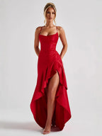 Scarlet Satin High Slit Evening Midi Dress Carilie